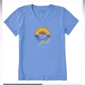 Life Is Good Crusher Tee - cornflower blue “Micro Sunflower Bike Ride” NWT